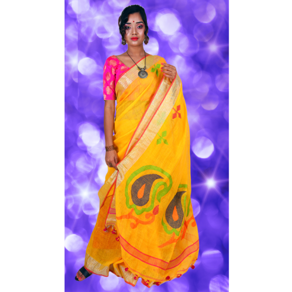 Yellow Handloom linen jamdani saree