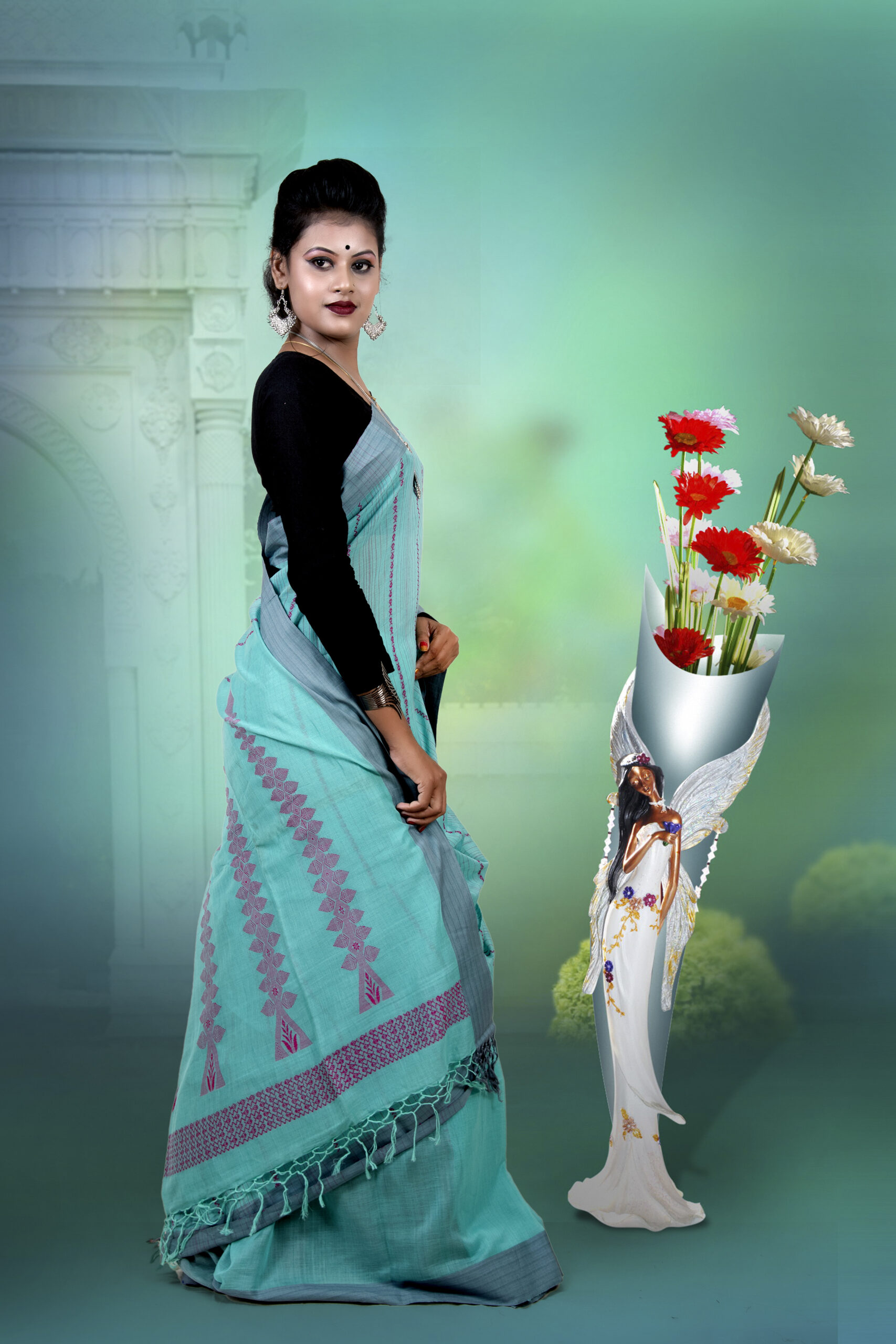 sky color handloom cotton jamdani saree - Basak HandloomsBasak Handlooms