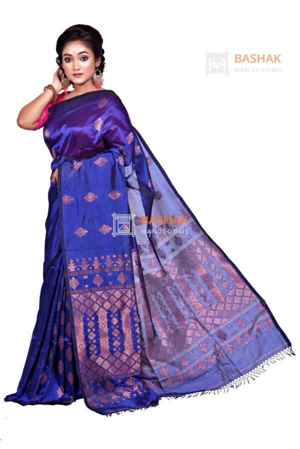 Blue color katan silk sarees with copper touch