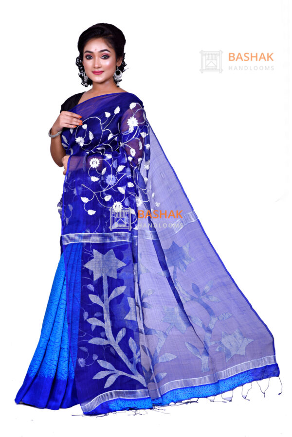 Blue half matka shibori and half parshi moslin parshi work sarees