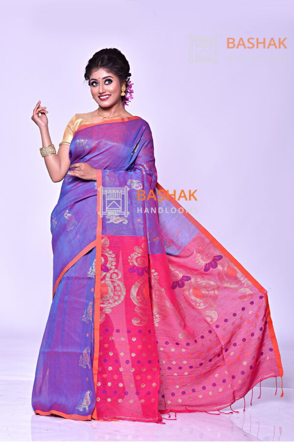 Blue color organic linen jamdani saree