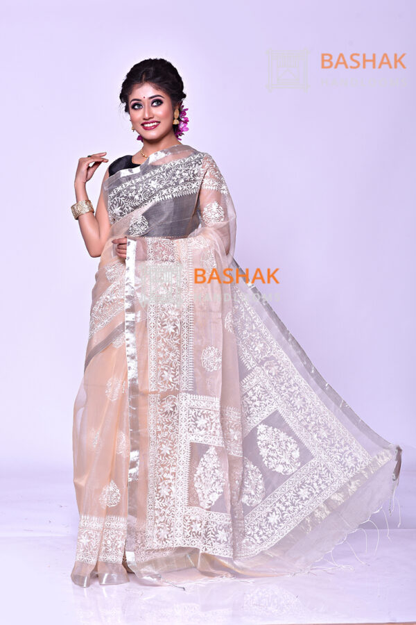 Beige color moslin parshi work saree with motif