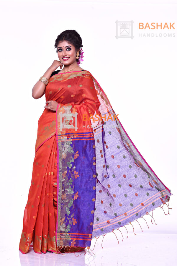 Orange color blended cotton saree with contrast pallu