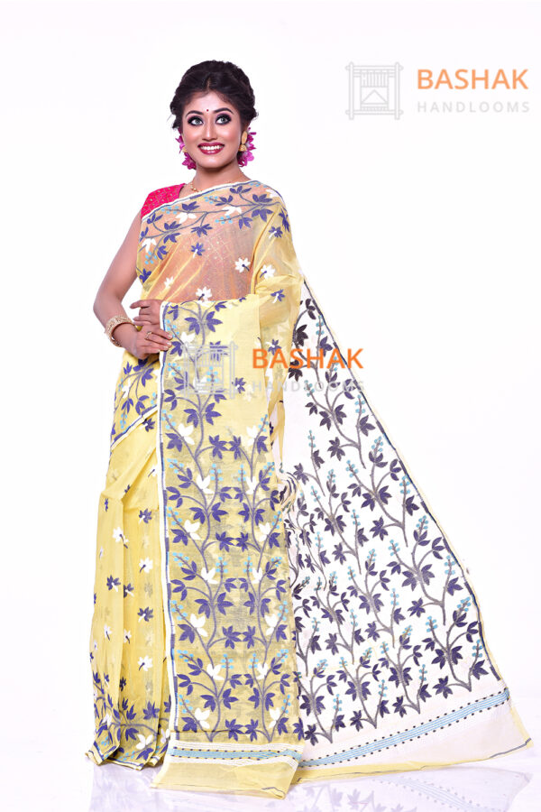 Fancy yellow handloom dhakai jamdani saree
