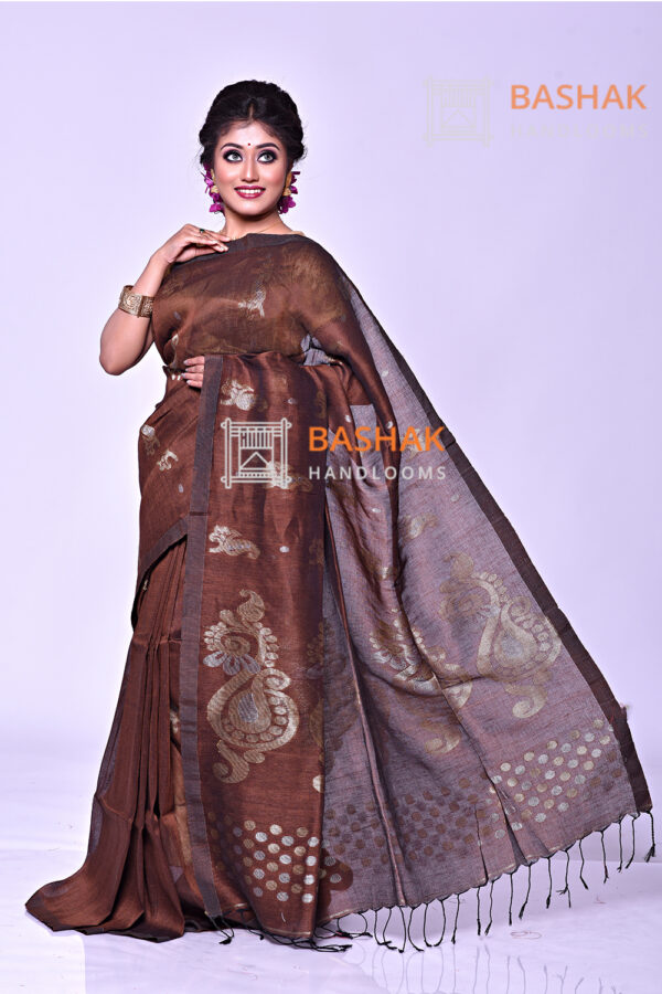 Chocolate brown organic linen jamdani saree