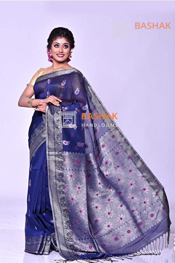 Blue color organic linen jamdani saree