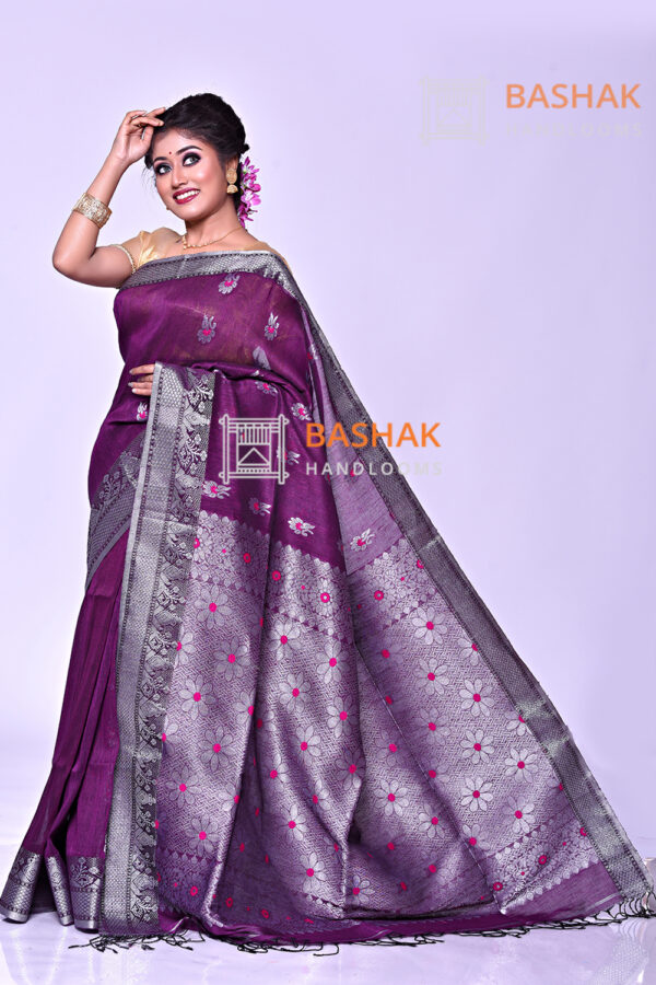 Purple color organic linen jamdani saree