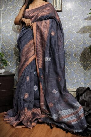 Grey color copper zari linen saree