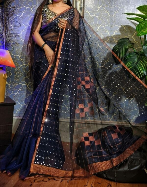 Navy blue handloom moslin saree with sequence weaved