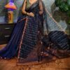 Navy blue handloom moslin saree with sequence weaved - Image 2