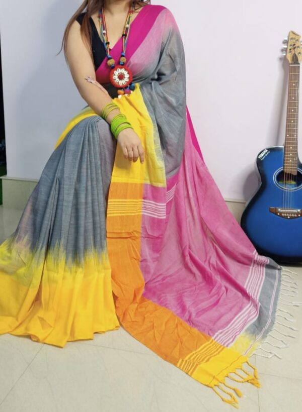 Ash grey ikkat saree with ganga jamuna boarder