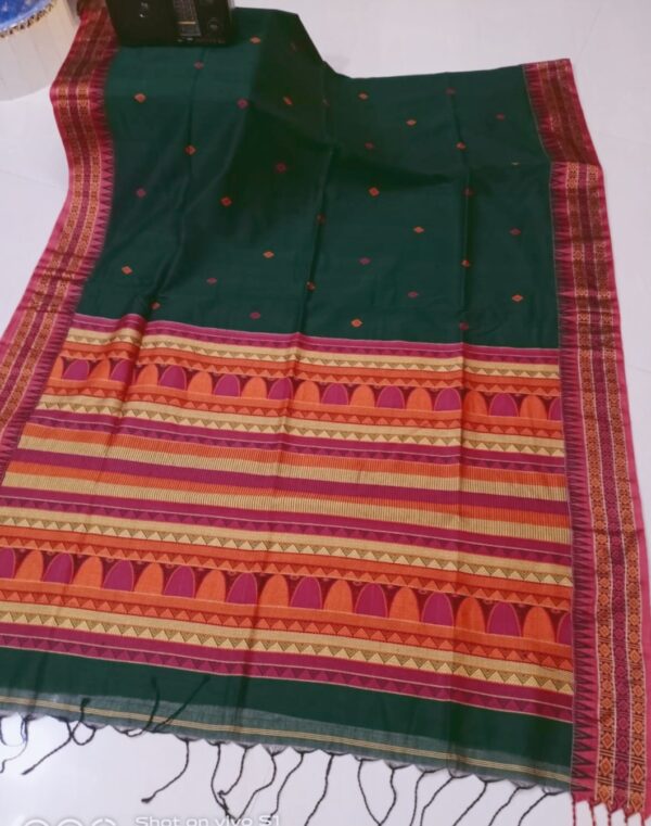 Handloom pure cotton dark green dongria saree