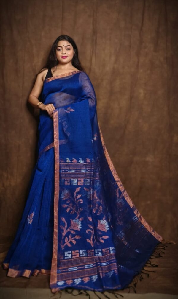 Blue colour pure linen saree