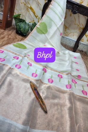 Handloom white pure silk linen saree with bp