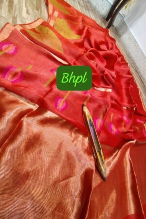 Handloom red pure silk linen saree with bp