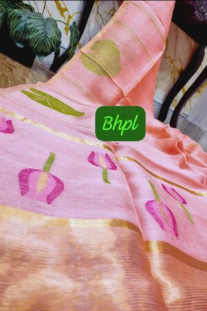Peach colour Handloom pure silk linen saree with bp