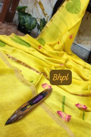 Handloom yellow pure silk linen saree with bp