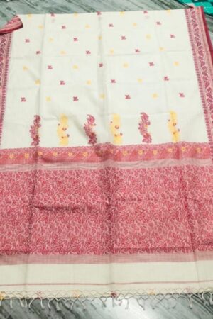 Traditional white handloom pure cotton saree with red boarder