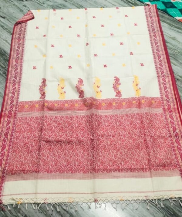 Traditional white handloom pure cotton saree with red boarder
