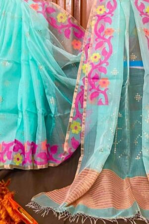 Firoza colour pure moslin handloom sarees with sequence work