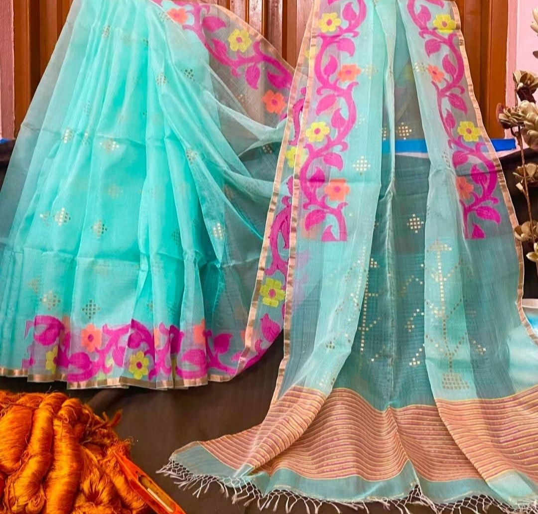 Firoza colour pure moslin handloom sarees with sequence work