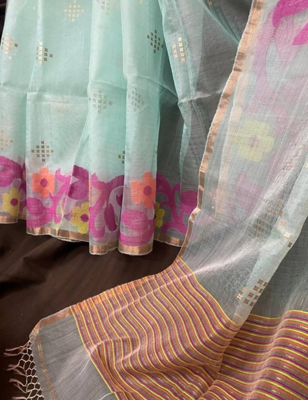 Firoza colour pure moslin handloom sarees with sequence work - Image 2