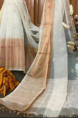 White pure handloom moslin sarees with sequence work