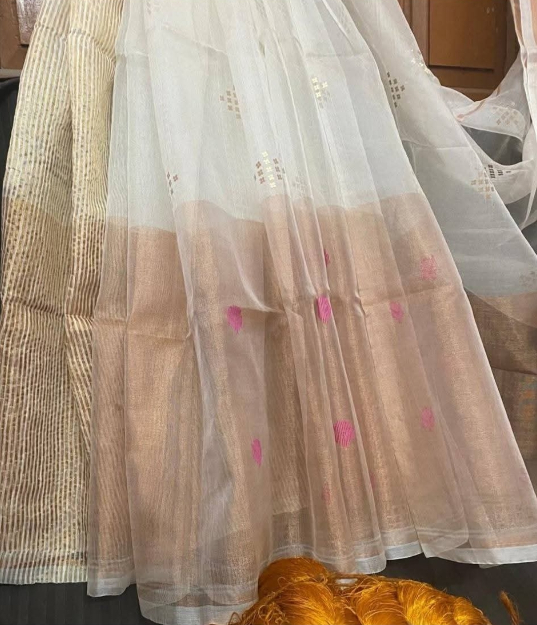 White pure handloom moslin sarees with sequence work - Image 2