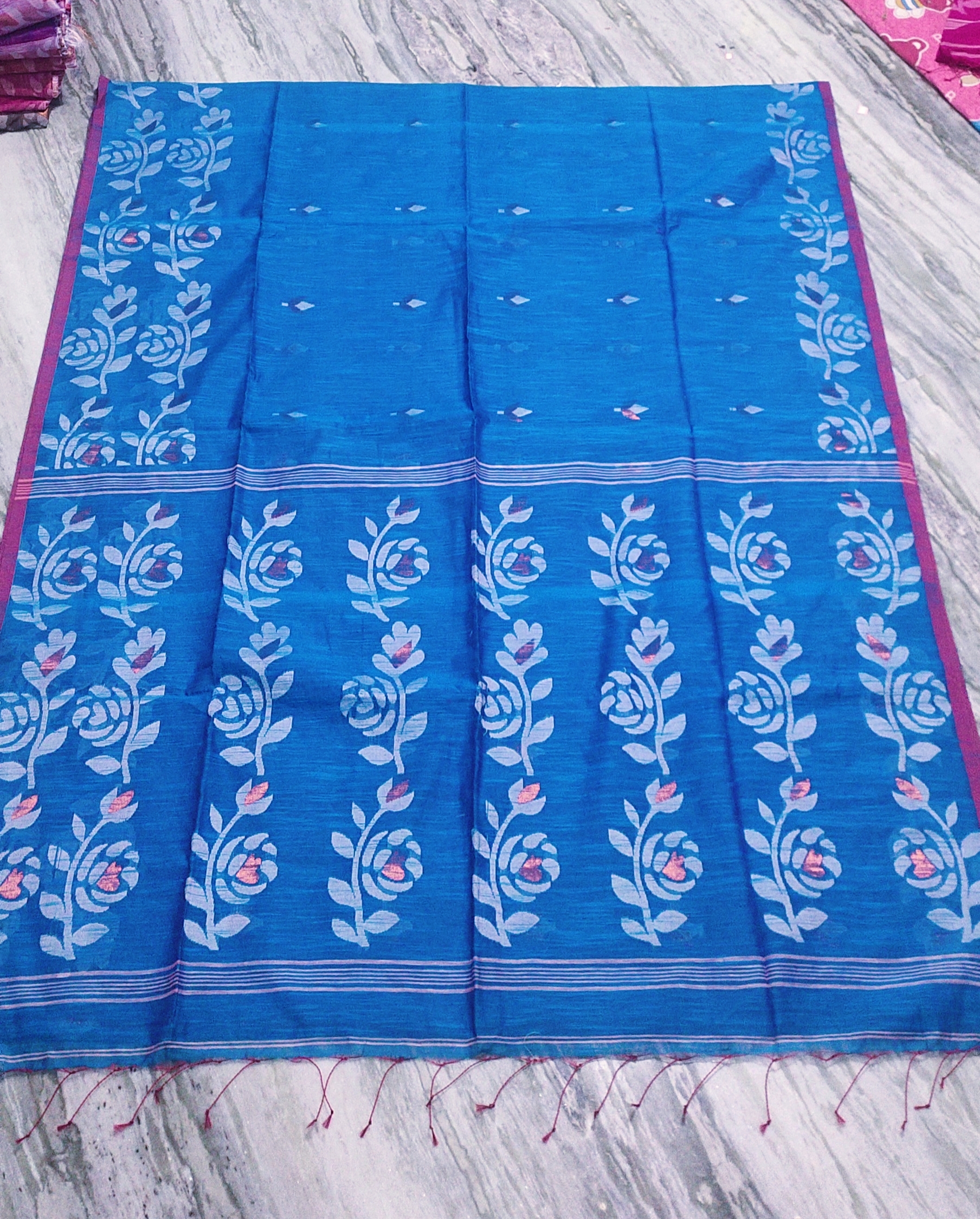Teal blue slab khadi saree with bp