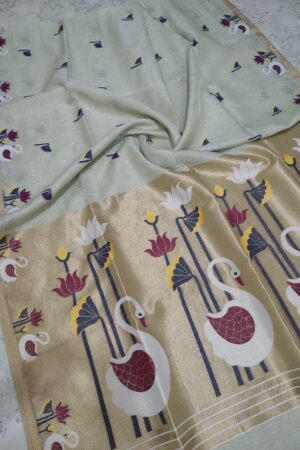 Pastel colours silk linen tissue jamdani sarees with paithani style pallu