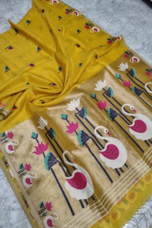 Mustard colour silk linen tissue saree with poithani style pallu