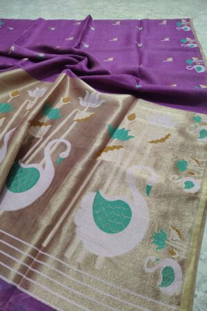 Purple blue silk linen tissue saree with poithani style pallu