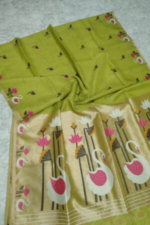 Olive colour silk linen tissue saree with poithani style pallu