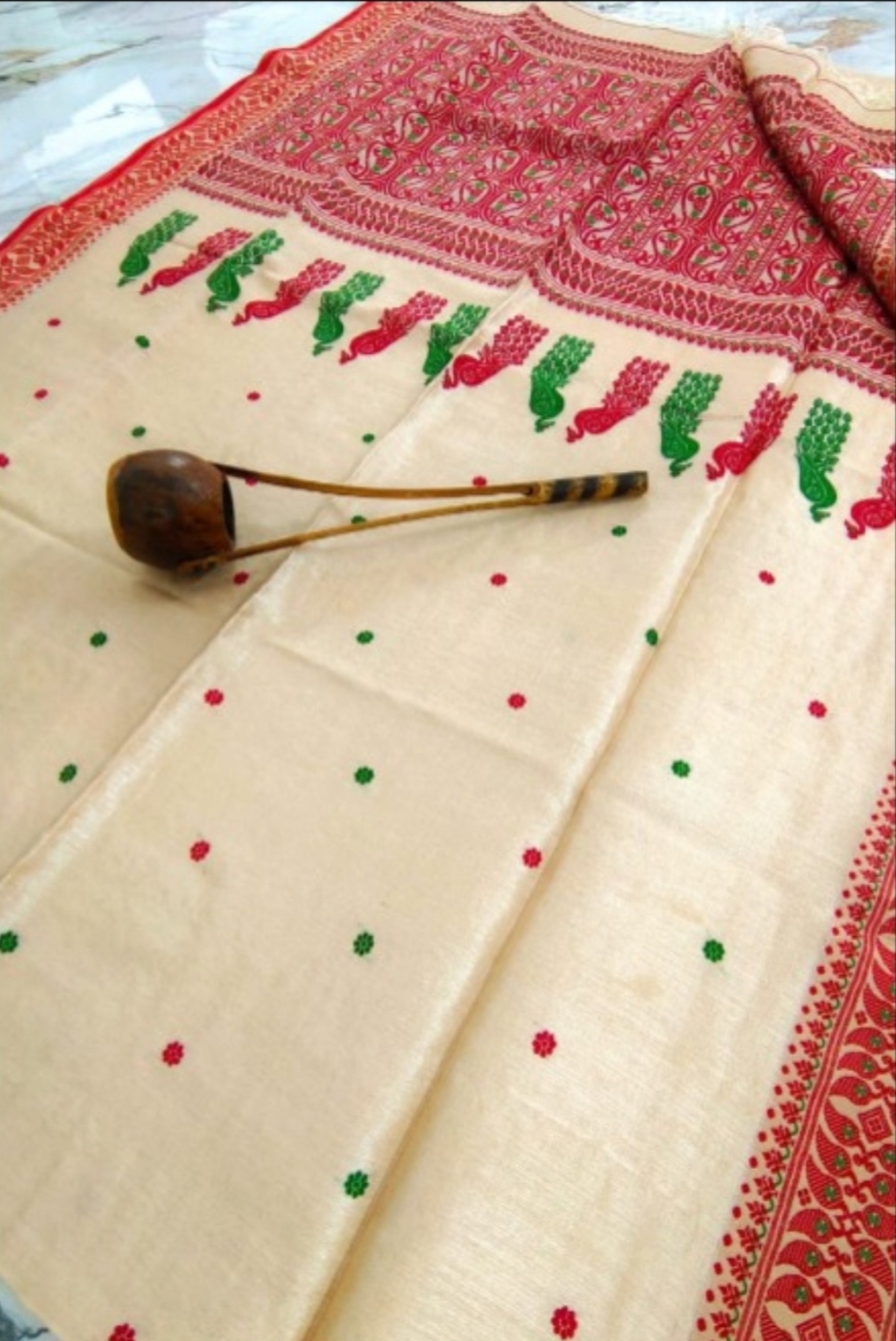 Beige handloom tussar silk saree