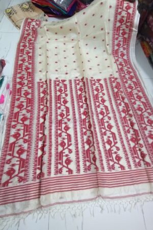 Handloom white pure tussar silk saree with red boarder