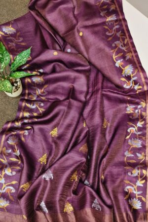 Wine colour pure gachi tussar tissue silk saree