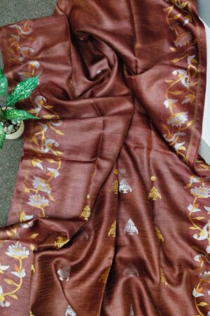 Brown pure tissue tussar silk saree with silk mark certified
