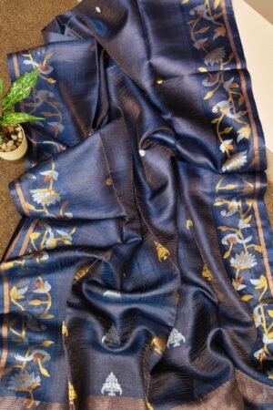 Black pure tissue tussar silk saree with silk mark certified