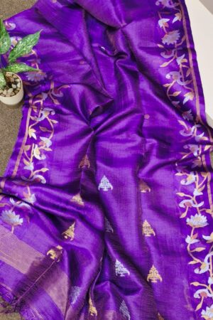 Violet pure tussar tissue silk saree with silk mark certified