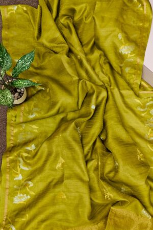 Olive pure tussar tissue silk saree with silk mark certified