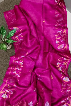 Rani colour pure tussar tissue silk saree with silk mark certified