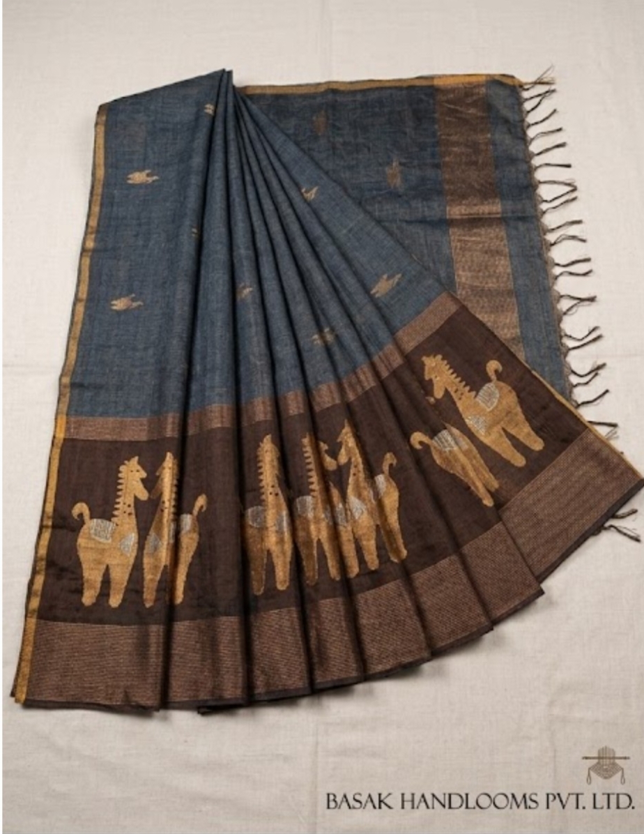 Handloom pure grey colour tissue silk linen jamdani saree with bp - Image 3