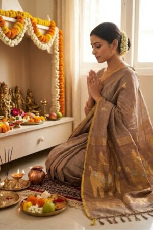 Tussar colour pure handloom tissue silk linen jamdani saree with bp