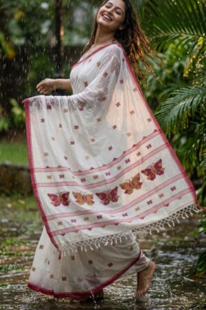 Pure handloom white cotton saree